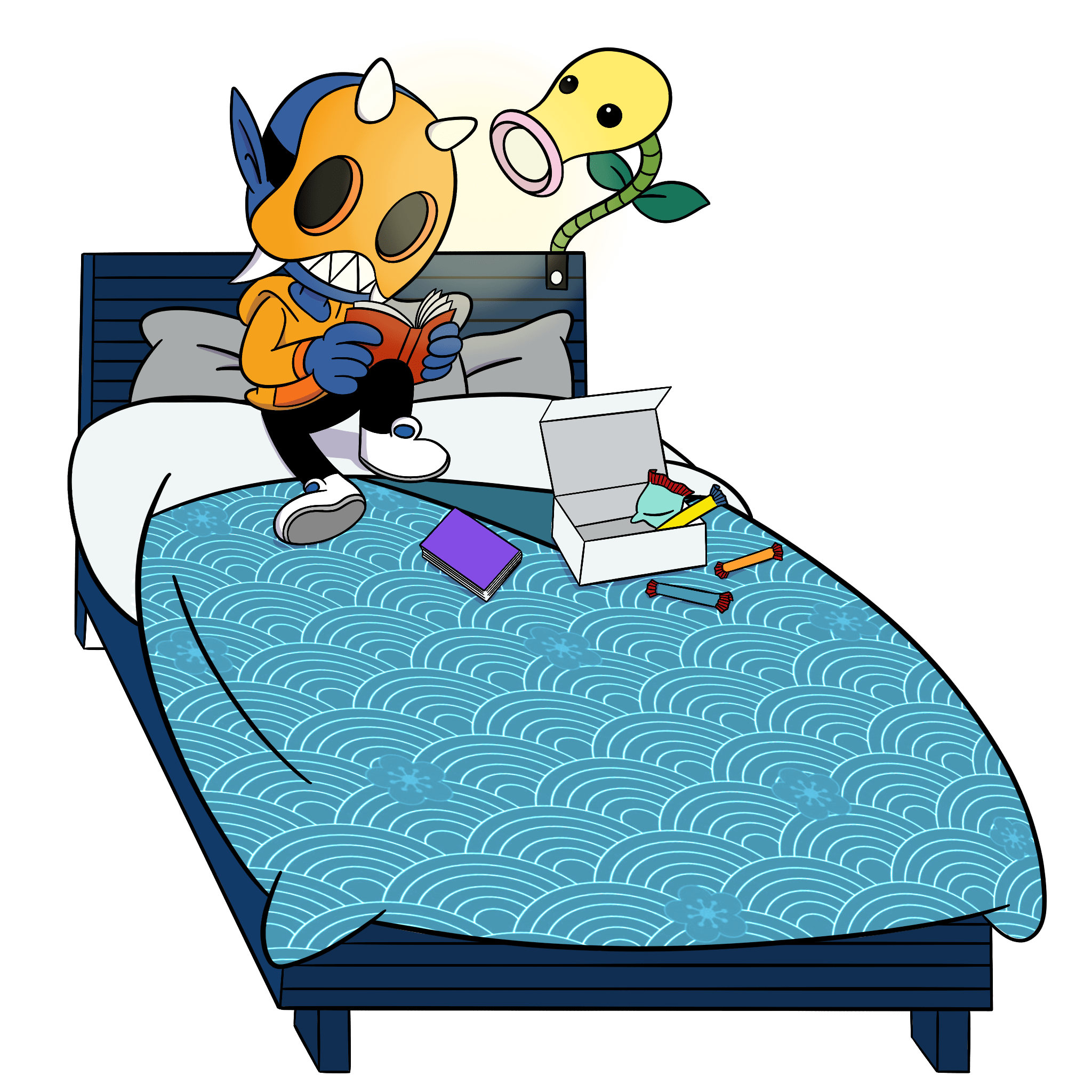 Mascotte MangaBox Shonen Seinen Shojo, lecture sur un lit avec encas japonais